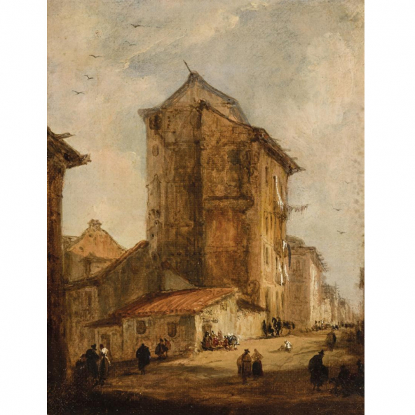 Genaro Pérez Villaamil.    &quot;Calle de Fuea. Escenas de Madrid&quot;. Óleo sobre tabla.