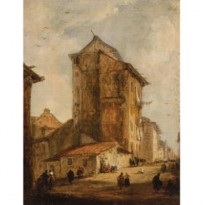 Genaro Pérez Villaamil.    &quot;Calle de Fuea. Escenas de Madrid&quot;. Óleo sobre tabla.