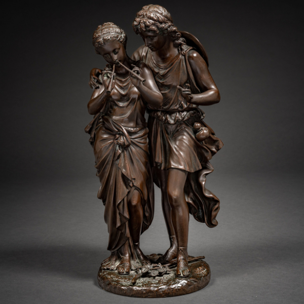 "Mujer tocando el aulós junto con pastor" Escultura en bronce con patina marrón del siglo XIX.  AUGUSTE JOSEPH PEIFFER (Francia, 1832-1886)