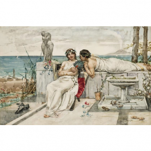 Juan Luna y Novicio. &quot;Galanteo napolitano (1882)&quot;. Acuarela sobre papel, firmada, fechada, obra inédita en el mercado