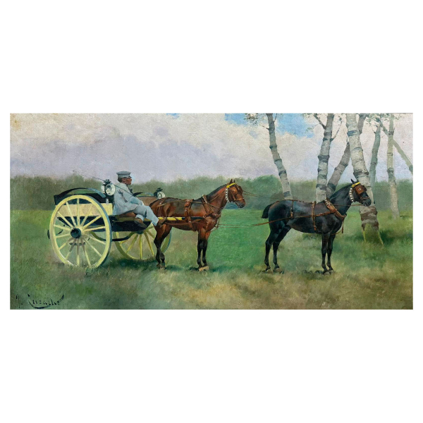 Josep Cusachs Cusachs (Montpellier, Francia, 1851-Barcelona, 1908) Carro de caballos. Óleo sobre tela.