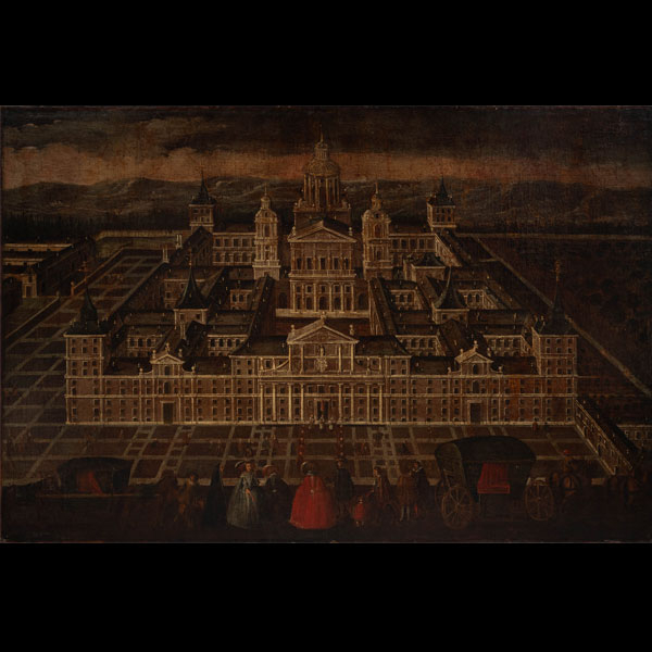 "Vista del Monasterio del Escorial con personajes de la corte".   ESCUELA ESPAÑOLA DEL SIGLO XVII. Óleo/Lienzo. 