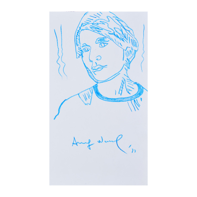 Andy Warhol (Pittsburg, USA, 1928-New York, 1987).  Autorretrato azul.  Dibujo a lápiz de color azul sobre cartulina. Firmado y fechado en 1977.