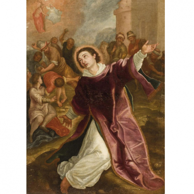 ESCUELA ITALIANA S. XVII &quot;El martirio de San Esteban&quot;. Óleo sobre lienzo. Reentelado.