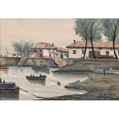 ARTURO MARTÍNEZ TAUBMANN  (Bilbao 1909 - 1990) &quot;Puerto vasco pesquero&quot;