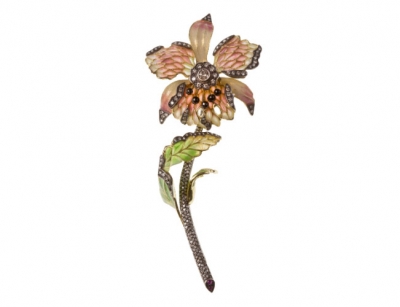 Delicado broche tremblant de orquídea con esmalte y brillantes