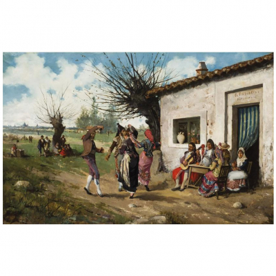 Ángel Lizcano.   &quot;Baile en el merendero de la Tía Cotilla&quot;. Óleo sobre lienzo. Firmado
