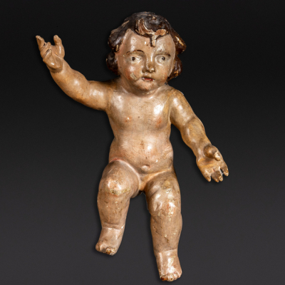 &quot;Niño&quot; Escultura en madera tallada y policromada. Trabajo español, Siglo XVIII