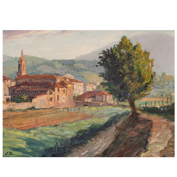 JUAN BAY&Oacute;N SALADO "BAY-SALA"   (Logro&ntilde;o 1913 - Bilbao 1995)  "Paisaje rural vasco con casas e iglesia "   