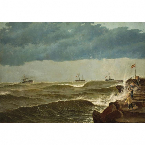 Jose María Asunción (1869 - 1925) &quot;Pescadores filipinos mirando la tempestad&quot;. Óleo sobre lienzo.  