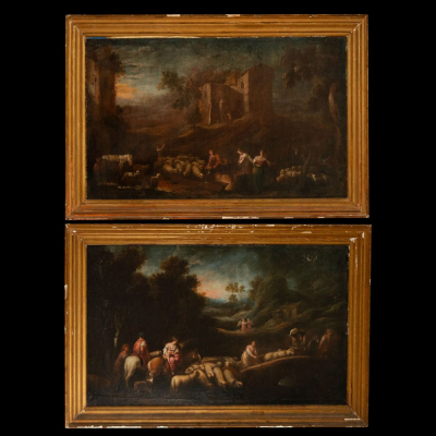 FRANCISCO ANTOLÍNEZ Y SARABIA (Seville, 1644 - Madrid, 1700) &quot;El regreso de Jacob a Canaán&quot; y &quot;Jacob y Raquel en el pozo&quot;. Escuela Española. Siglo XVII.    Óleo sobre lienzo.