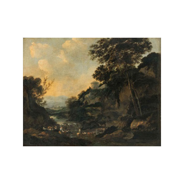 CIRCULO DE  SALVATORE ROSA   (Escuela Napolitana S. XVII)  &quot;Paisaje con pastores en el río &quot;  Óleo / Lienzo 