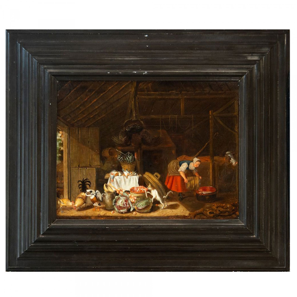 Escena de cocina holandesa del siglo XVII. Óleo sobre tabla.