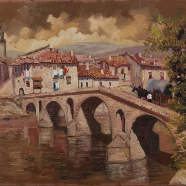 "Carreta con caballos en el puente"  ROBERT LESGUES (Laburdi, 1912 - San Sebastián, 1982)