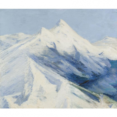 AURELIANO DE BERUETE (1845 - 1912) &quot;Cumbre nevada&quot;. Óleo sobre tabla.