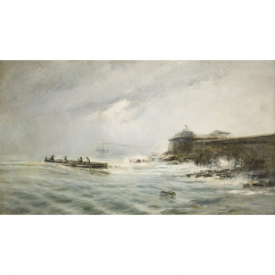 Eliseo Meifrén.   &quot;Barcas junto al espigón&quot;. Óleo sobre lienzo.