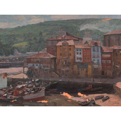 CIRIACO PARRAGA  (Torrelavega, Cantabria 1902 - Bilbao 1973) &quot;Vista de Bermeo con barcas y personajes&quot;