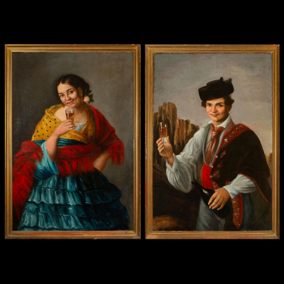 Atribuido a Juan Rodríguez y Jiménez &quot;el Panadero&quot; (1765-1865) - Pareja de retratos costumbristas con copa, Escuela española. Siglo XIX 