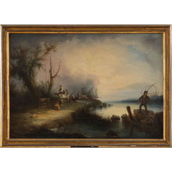 "Paisaje fluvial con pescadores"  ESCUELA ANDALUZA DEL SIGLO XIX 