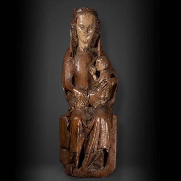 Gran Virgen de la Leche Tardo Románica Italiana transición al Gótico Medieval del siglo XIII principios siglo XIV, posiblemente Umbría o Véneto.   Trabajo Medieval en madera en su color natural