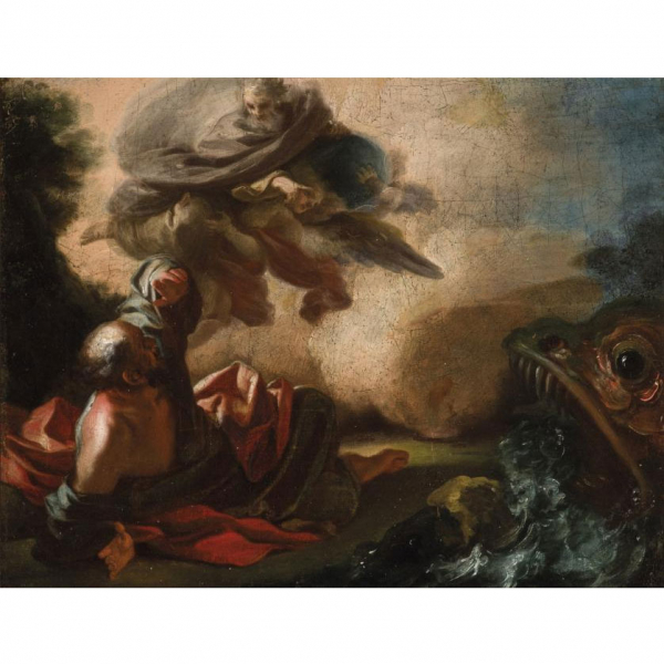 Escuela Italiana S. XVII. "Jonás y la ballena". Óleo sobre lienzo. Al dorso titulado (Giona) y texto escrito que atribuye la obra a Salvatore Rosa. Obra en el círculo de Luca Giordano o Corrado Giaquinto.