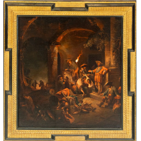 Los Bandoleros en la cueva. Johann Georg Trautmann, 1713 – 1769, siglo XVIII.   Óleo sobre lienzo.