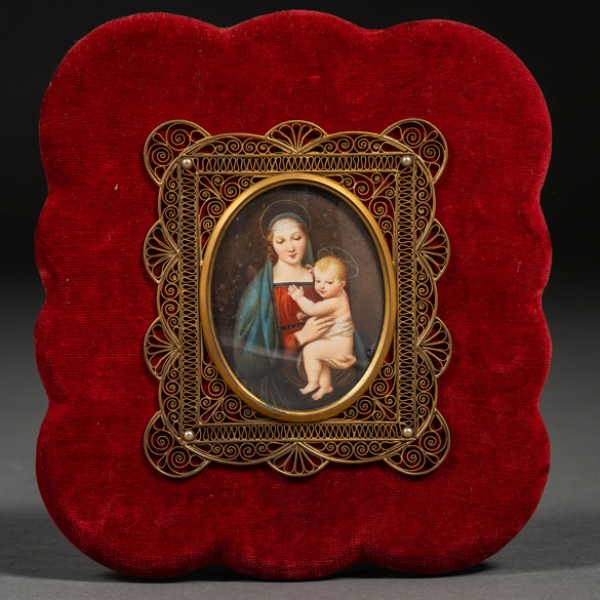 "Virgen con niño" Miniatura pintada al óleo sobre placa de marfil. Escuela Italiana del siglo XIX189