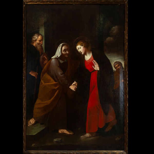 Massimo Stanzione (Atella 1585 - Nápoles 1656) atribuido, "Visitación de la Santísima Virgen María a su prima Isabel".   Escuela italiana del siglo XVII.
