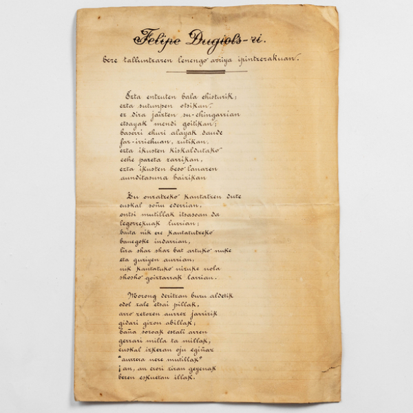 "Zortxiko dedicado a Felipe Dugiols en Euskera" VICTORIANO IRAOLA (Pasajes, 1841 - San Sebastián, 1919)