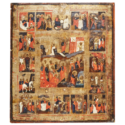 Icono ruso en madera pintada con representación de escenas de la vida de Cristo, s.XIX.