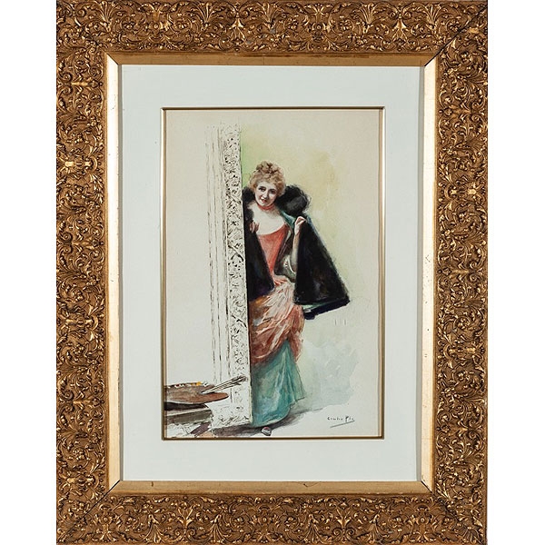 Cecilio Pl&aacute; y Gallardo  "Dama asomada" Acuarela