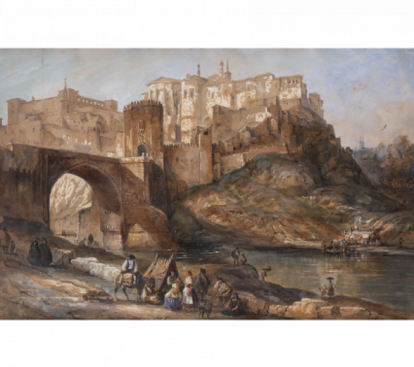 GENARO PÉREZ VILLAAMIL Y DUGUET (El Ferrol, La Coruña, 1807-Madrid, 1854).  Vista de Toledo desde el Puente de Alcántara.   Lápiz, tinta, aguada y gouache sobre papel.