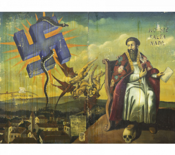 MANUEL OCAMPO (Ciudad Quezón, Filipinas, 1965).  No me falta nada, 1991.   Óleo y collage sobre lino. 